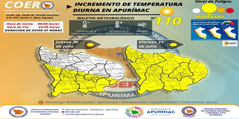COER Apurímac emite alerta por incremento de temperatura diurna